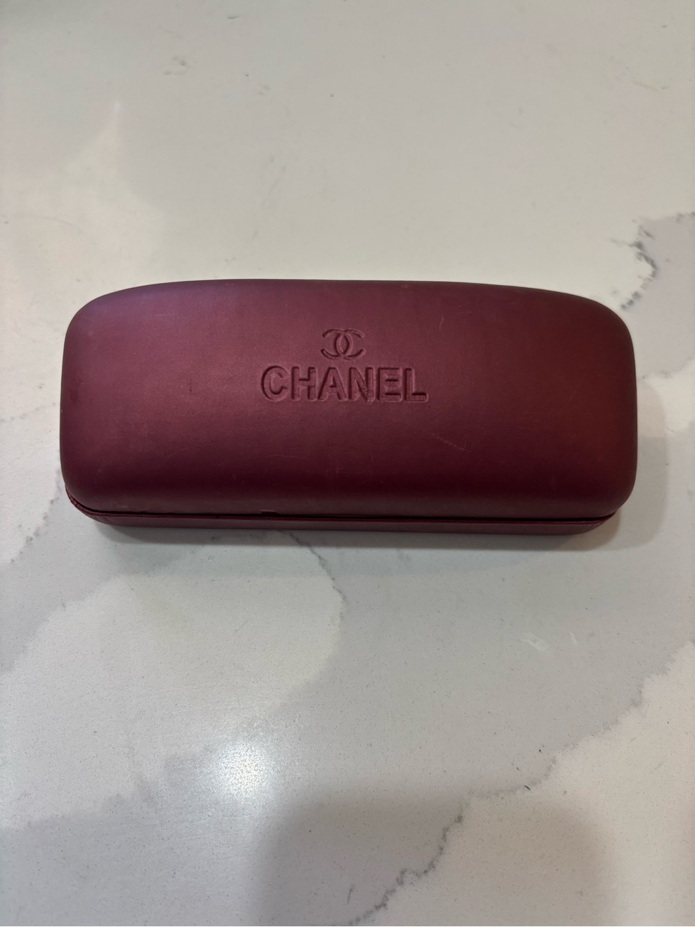 CHANEL Burgundy Sunglass Case with Embossed Logo